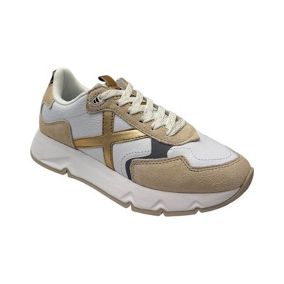 Munich Mamba Damen Sneaker aus Leder und Wildleder weiß beige mit goldfarbenem Detail