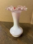 Fenton Peach Crest White And Pink Glass Double Ruffled Crimped 8" Vase Vintage