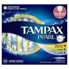 Tampax Pearl Unscented Tampons Leak Guard Protection L/S/R Absorbency 34 Count