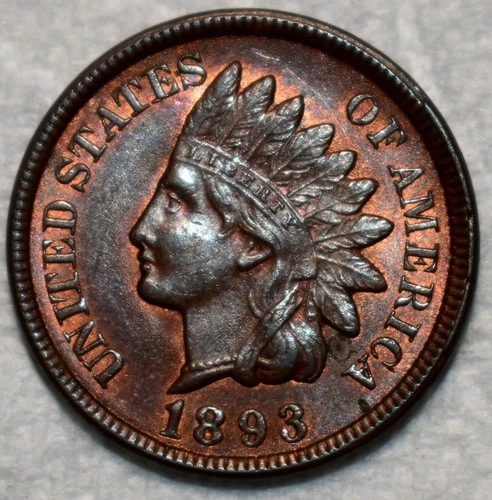 Uncirculated 1893 Indian Head Cent, Attractively Toned, Red-Brown specimen.
