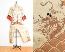 vintage antique Chinese embroidered goldwork silk DRAGON pajamas top pants set