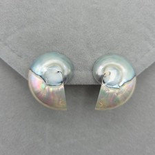 Natural Nautilus Pearlized Blue Half Shell Pearl Clip-On Earrings Vintage