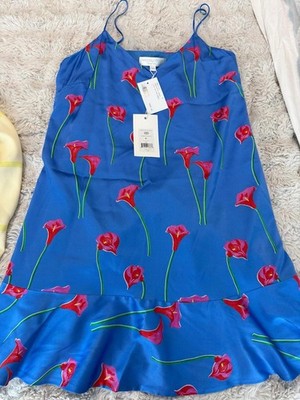 Caroline Constas Blue Floral Satin Slip Dress Ruffle Sleeveless V-Neck L