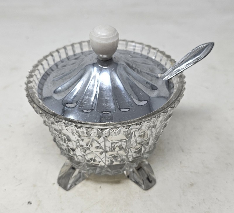 4 Footed Cut Glass Sugar Jar With Silver Plated Lid And Spoon, photo 1 of 7