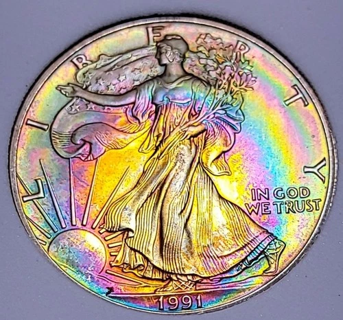 1991  P  BU American Silver Eagle SGS.$1 One Dollar INCREDIBLE Toning # 741
