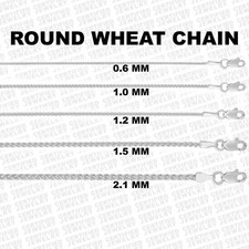 Solid 14K White Gold Round Wheat Chain Necklace, 16  -30" Inches ,0.6mm To 2.1mm