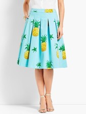 Talbots Pineapple Print Pleated Skirt Fit Flare Teal Yellow Tropical size 6