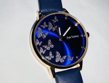 Beautiful Navy Blue Rhinestone BUTTERFLY WATCH With Faux Leather Strap