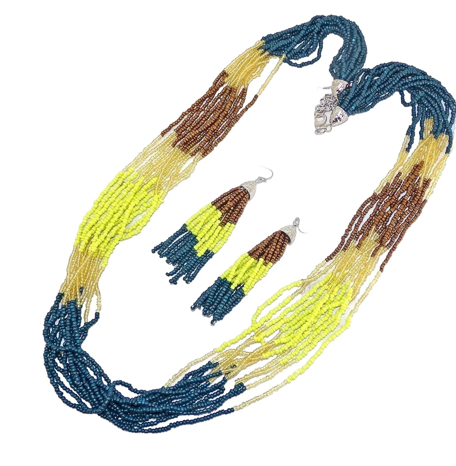 Juego de collar y pendiente de cuentas de semillas multicolor en marrón, amarillo, azul, beige NUEVO Foto 3 de 4