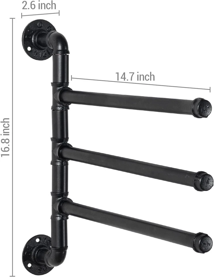 Стойка для полотенец для ванной, черная металлическая промышленная трубка дизайн поворотная 3 шт стойка для полотенец - Изображение 4 из 4