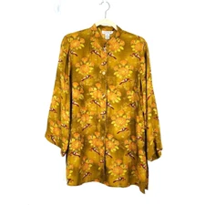 CITRON Womens Size M Button Tunic Top Silk Floral Long Sleeve Boho Lightweight