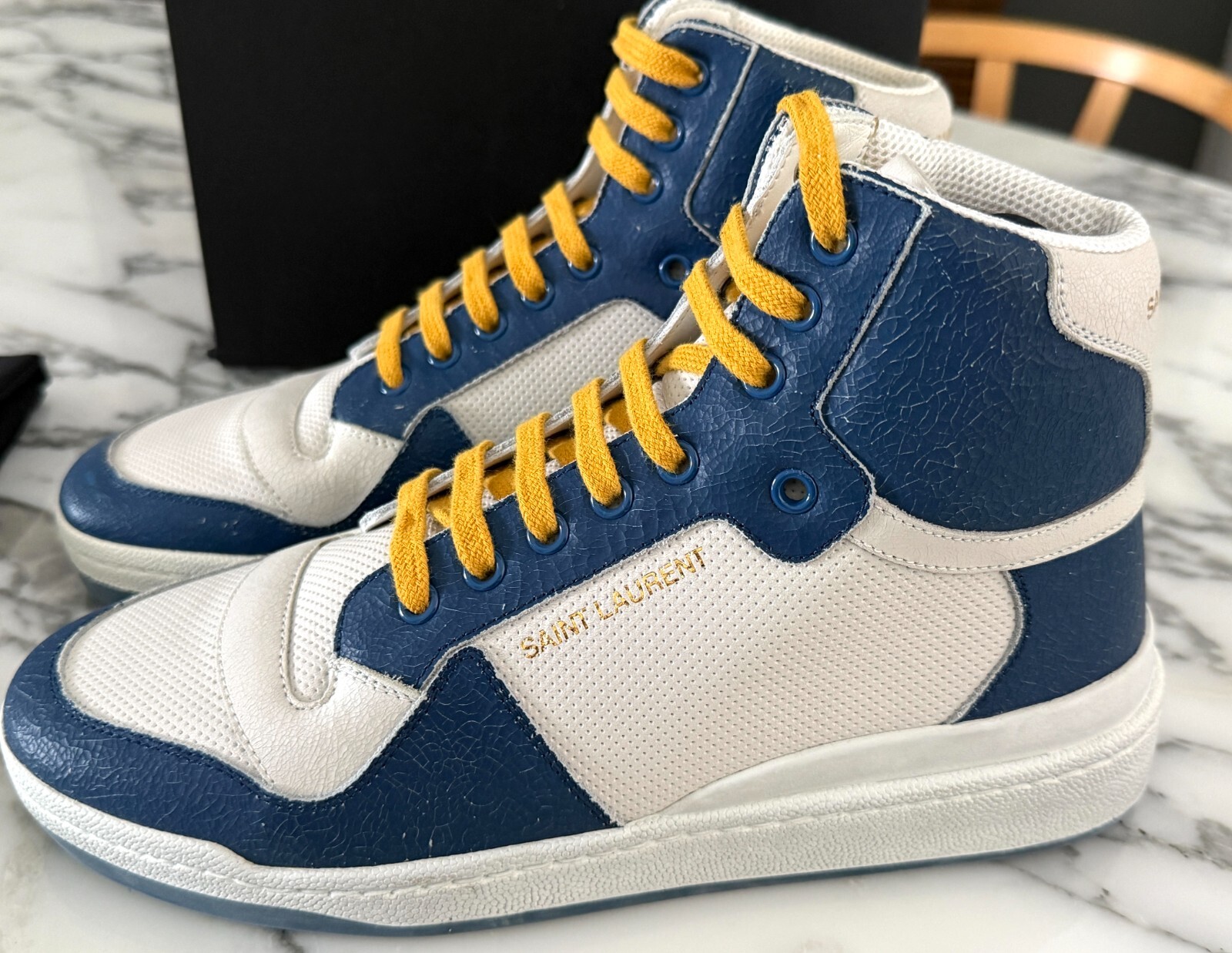 SNEAKERS YSL SAINT LAURENT 610618 SL24 MID TOP IN PELLE BIANCO BLU TAGLIA 41