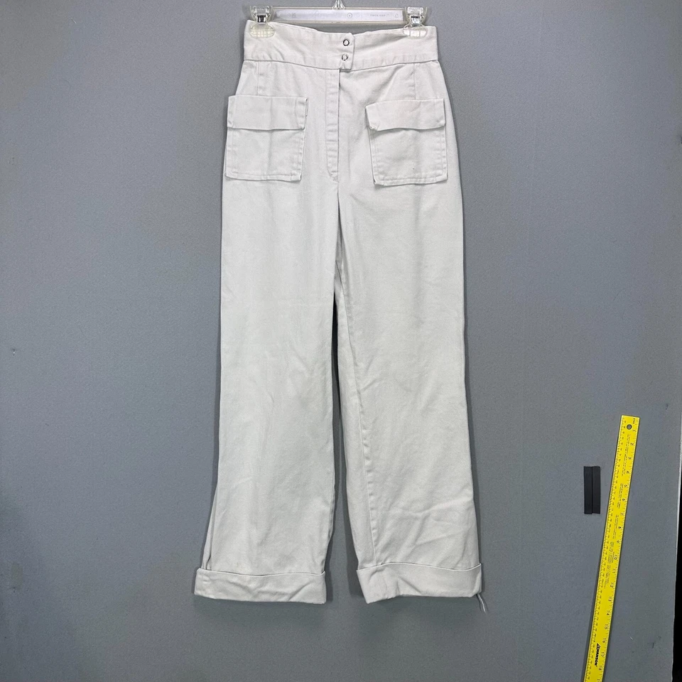 Винтажные штаны 70-х с высокой посадкой широкие штанины саржа квадратные карманы размер 26 дюймов талия бежевые - Изображение 2 из 4