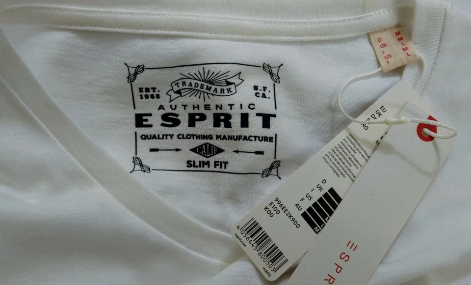 Esprit Mens White Designer T-Shirt Medium M  - Image 2 of 4