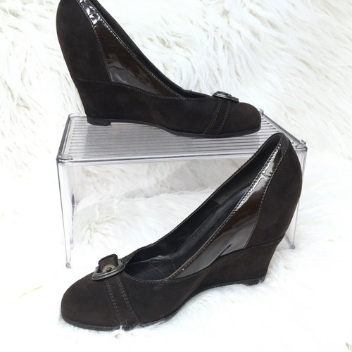 FENDI Brown Suede And Patent Leather Wedge Heels Sz 37 US 7 - Picture 2 of 14