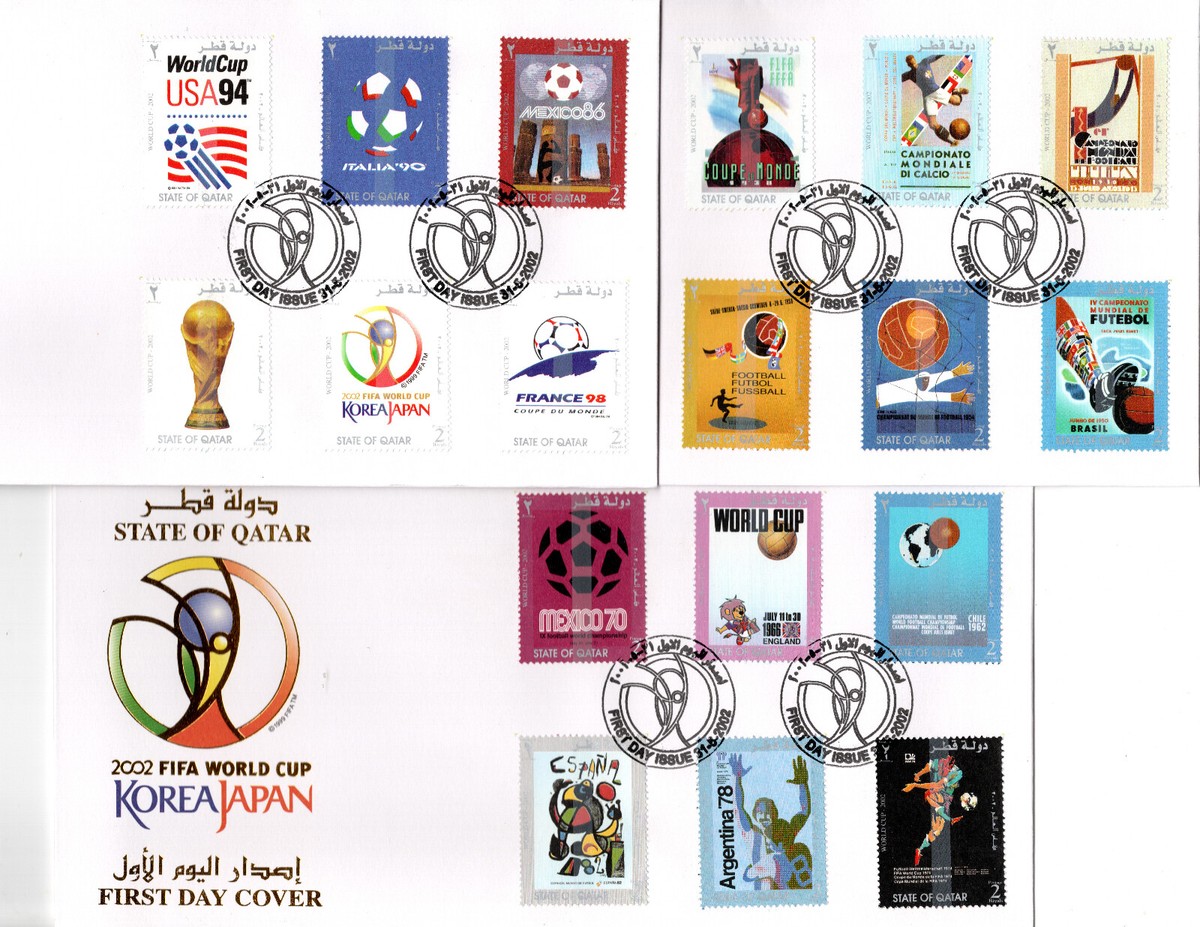 QATAR 2002 FIFA WORLD CUP POSTERS SUPER RARE THREE FDC, 18 STAMPS