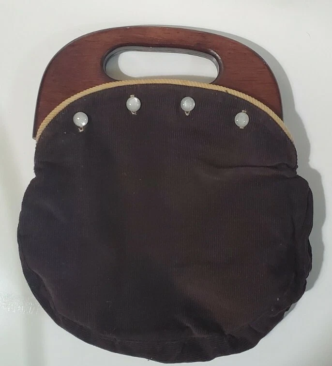 Lord Taylor Bermuda Bag Handbag Purse Reversible Brown Tan Corduroy Wood Handle