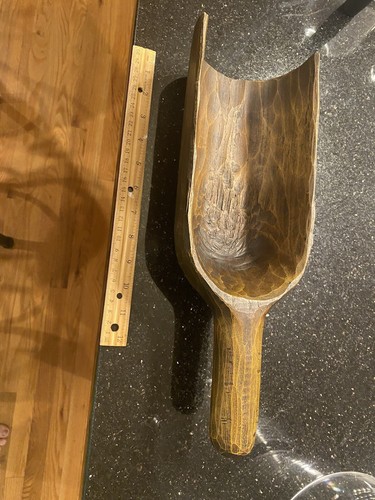 VINTAGE HEAVY WOOD MEASURING SCOOP BARREL SCOOP - HAND CARVED IRONWOOD BEAUTIFUL