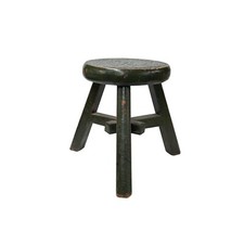Petit tabouret court vert foncé vieilli dessus rond trois pieds support de table JK319