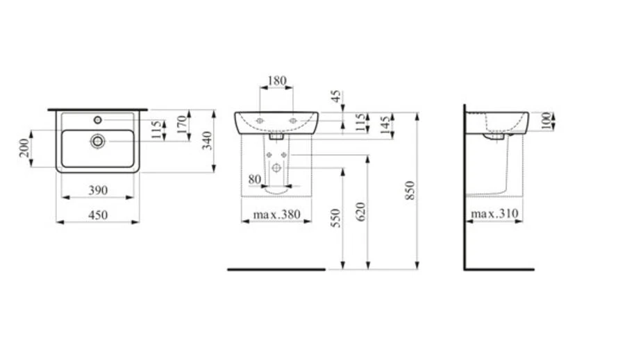 LAUFEN PRO A Handwaschbecken, 1 Hahnloch, mit Überlauf, 450x340mm, - Bild 3 von 4