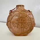 Frankoma Pottery Thunderbird Canteen Vase Leather Strap Vintage #59 Buckskin Tan