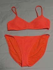 Aerie Neon Coral Orange Crochet Triangle Sport Top Bottoms Bikini Set Size L