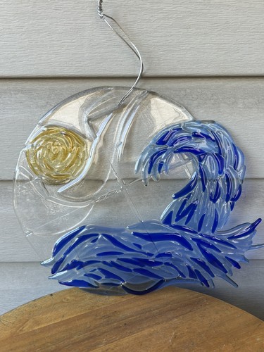 Ocean Wave Crest Fused Glass Artisan Abstract Art Glass Suncatcher 11" Signed