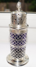 Antique Sterling Silver Sugar Caster Blue Glass Liner Birmingham 1902