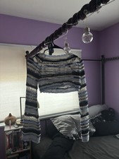 Women s Blue/White/Black Striped Open-Knit Ba...