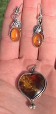 Silver Amber Pendant & Drop Earrings, Vintage Art Nouveau Design 925 12g