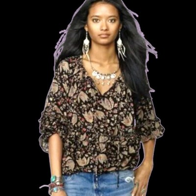 RALPH LAUREN DENIM & SUPPLY RL Boho Dark Floral Ruffles Peasant Sleeve Top - S