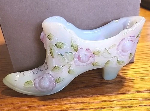 95 Fenton Glass Iridescent Glass Hand Painted  Raised Rose Slipper Signed
