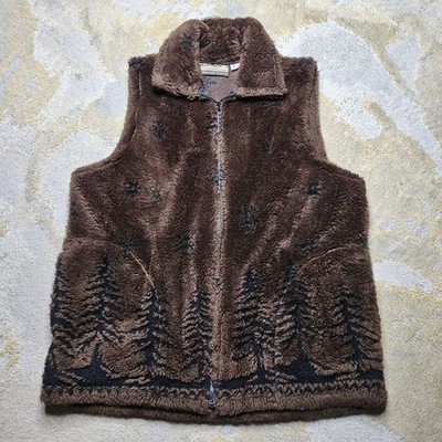Vtg Cobblestone Canyon Vest Brown Womens Large Fleece Collared Full Zip USA Pine