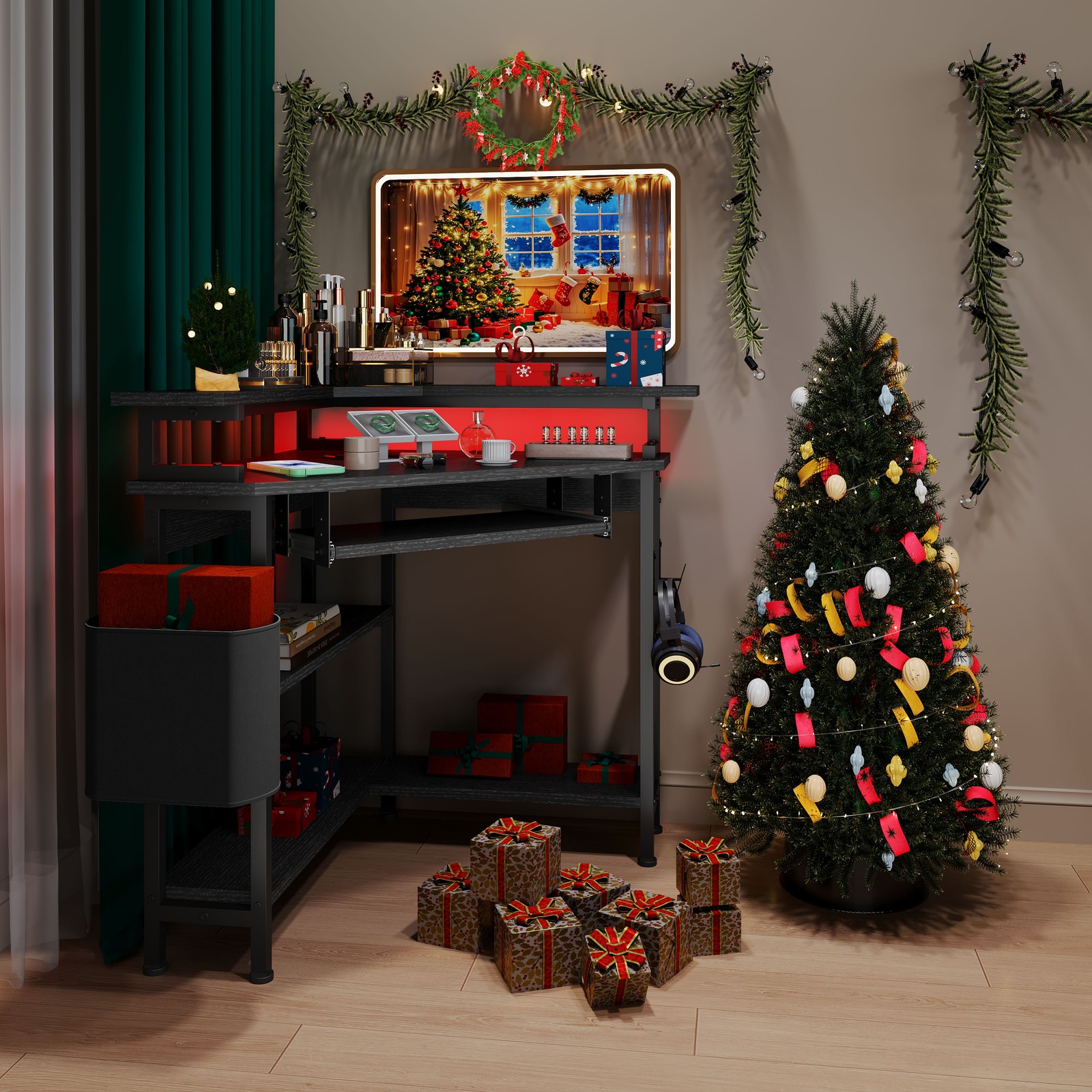 LED Corner Desk with Charging Station Triangle Corner Table w/Keyboard Tray NEW!