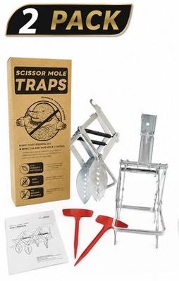 POLAFLEX H3334 2-Pack Large Scissor Mole Trap Outdoor Reusable Silver/Red