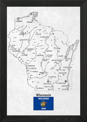 Hand Drawn Map of Wisconsin Framed Wall Art Poster Canvas Print Picture