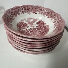 SET OF 8 J & G Meakin RomanticEngland 6.5” Cereal Bowl Red Transferware Chequers