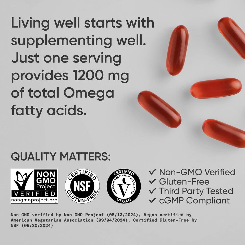 Vegano Omega 3-6-7-9 Suplemento (90 cápsulas blandas) - Basado en plantas, salud del corazón y la piel Foto 4 de 4