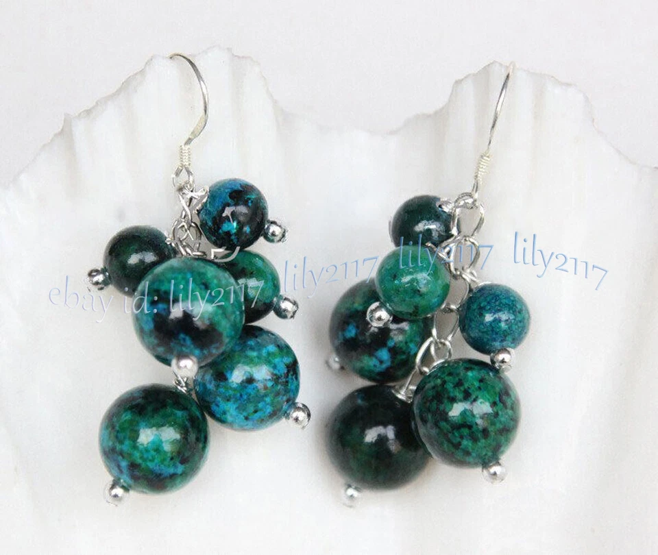 Green Azurite Chrysocolla Round Gemstone Beads Cluster Grape Dangle Hook Earring - Image 3 of 4