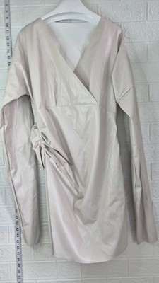 Micas Nude vegan leather wrap mini dress long sleeves ruched side Size L