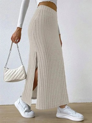 Women Rib-knit Side Split Maxi Skirt Autumn Spring Casual Elegant High Waist Str