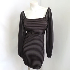 O Flux Dress Women Medium Black Satin Pleated Long Sleeve Cocktail Wedding Party