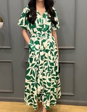 Zara Women's Belted Printed Midi Dress Green/White Color Size L  100% Cotton