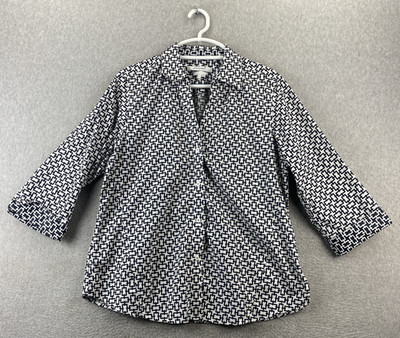 Foxcroft NYC Large Black White Geometric Easy Care Button Front Shirt Top L