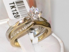 Engagement ring set 1ct ladies cz two tone solitaire accents gold band new 1280