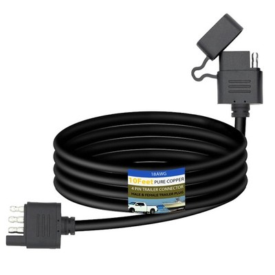 18 AWG 10 FT Flat 4 Pin Trailer Connector Wiring Harness Kit with Dust Cover
