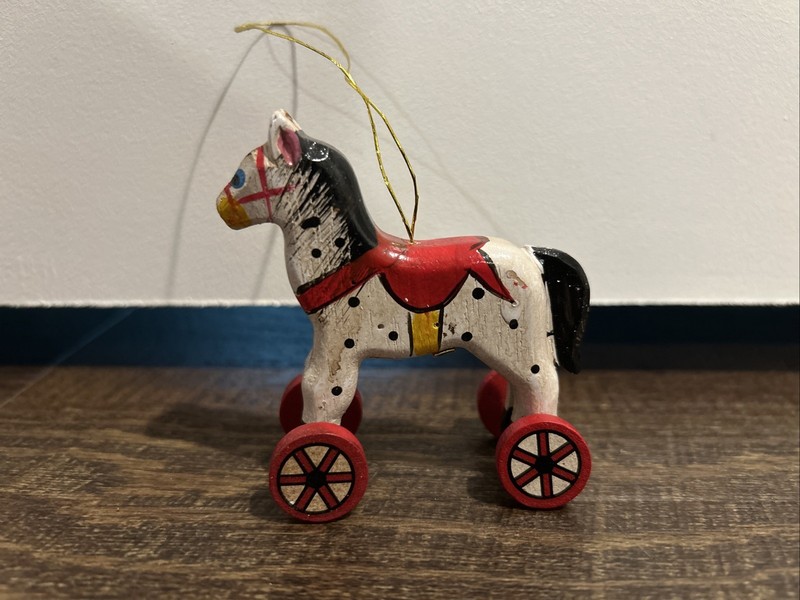 Vintage Midwest Wood Horse Pull Toy Christmas Ornament with Wheels Made Taiwan