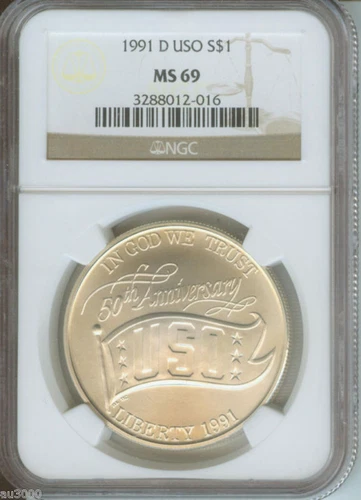 1991-D USO 50th ANNIVERSARY SILVER DOLLAR S$1 NGC MS69  !!!!
