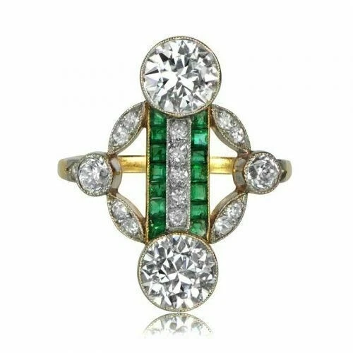Art Deco 2.90 Ct Diamond & Emerald Vintage Engagement Ring 14K Yellow Gold FN