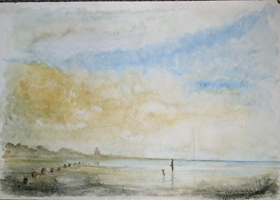 Mid. XX C Original großes Aquarell & Pastell Gemälde unsigniert Küstenlandschaft